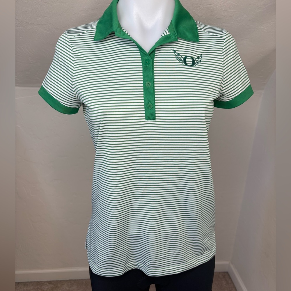 Nike Women's Dri-FIT Oregon green and white striped golf polo